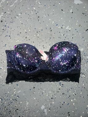 Galaxy Print Lace Longline Strapless Bra - Black & Purple